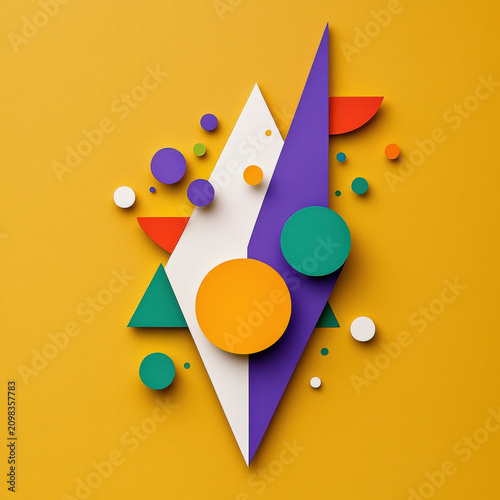Flat design illustration geometric shape abstract paper craft colorful background with circle triangle modern composition cheerful style