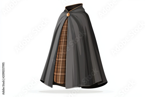 Cape cloak garment metallic texture plaid fabric illustration, dark structured cape with bronze lining and round clasp
