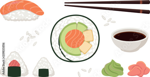 Schilderij op canvas Japanese sushi vector illustration set with salmon nigiri maki roll onigiri soy
