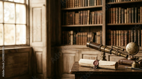 Antique brass telescope, globe, and parchment scroll with wax seal on a wooden desk in a classic library with tall bookshelves and natural light from a window.