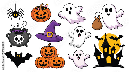 Selection of traditional Halloween icons including floating ghosts, carved pumpkins, a spooky castle, and a witch hat