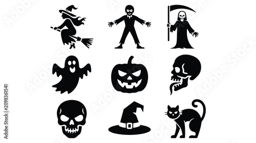 Set of frightening Halloween themed icons including a witch, ghost, pumpkin, and grim reaper