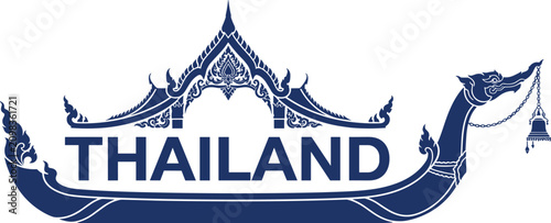 Thai traditional boat, royal barge, cultural landmark, ornate ship, travel and tourism symbol, Thailand text, ancient heritage design illustration.