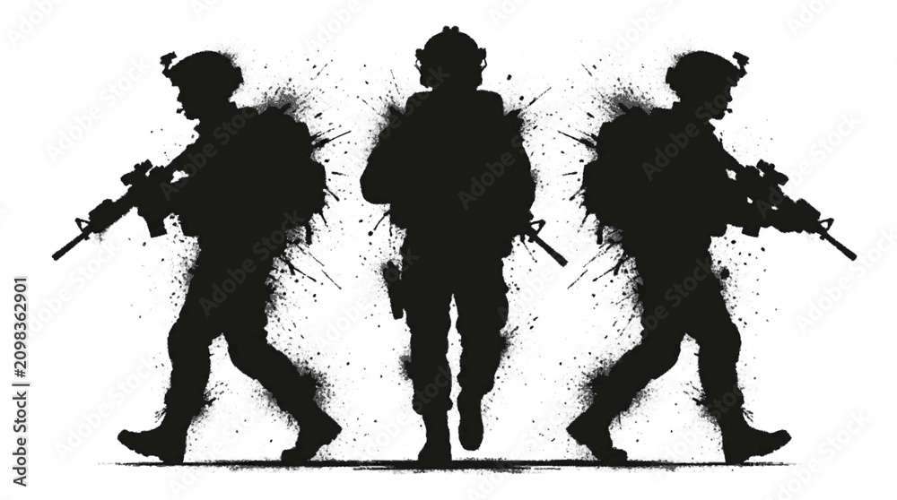 Fototapeta premium Black and white ink splatter silhouette illustration featuring three armed soldiers walking in formation against white background