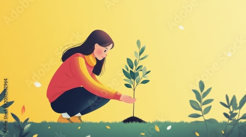 Young Woman Planting a Sapling Tree in the Ground, Environmental Care and Sustainability Concept