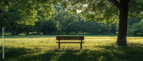 Tranquil Park Bench in Golden Sunlight Under Lush Green Trees