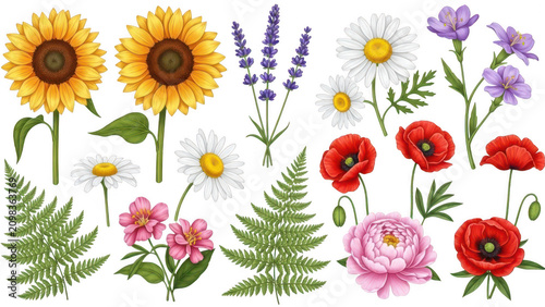 Set of assorted watercolor wildflowers and ferns isolated