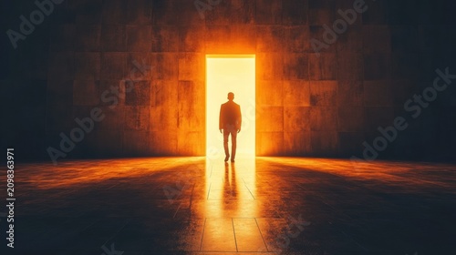Man Walking Towards Bright Doorway Symbolizing New Beginning and Opportunity