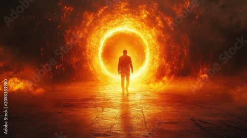 Man in Silhouette Walks Towards Bright Fiery Portal or Wormhole in Dramatic Sci-Fi Scene