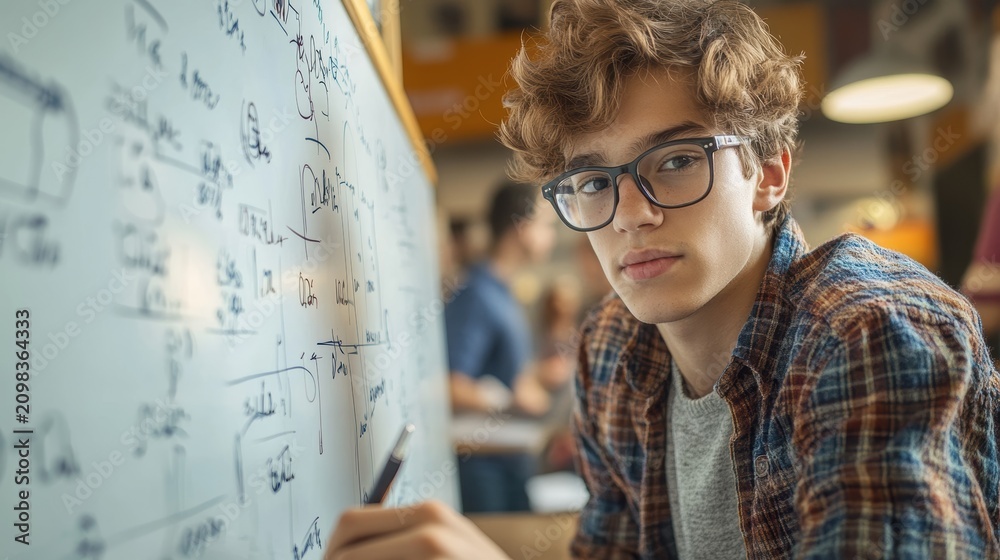 Obraz premium Smart Young Student with Glasses Solving Complex Math Problems on a Whiteboard