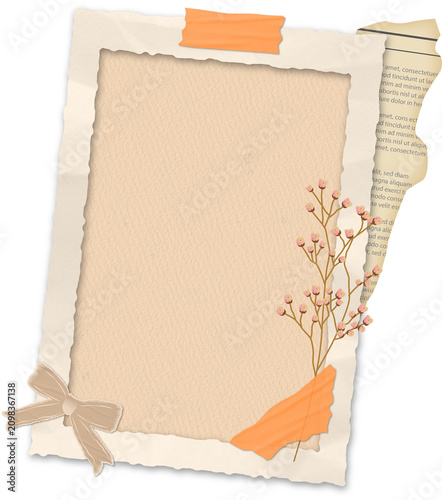 Vintage Torn Paper Rectangle Frame with Dried Flowers and Bow, Ransom Paper Texture Cutout Element