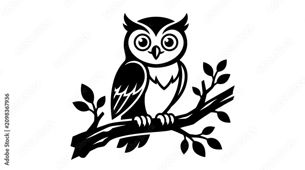 Fototapeta premium Cute owl perched on a tree branch vector illustration in simple black and white line art.