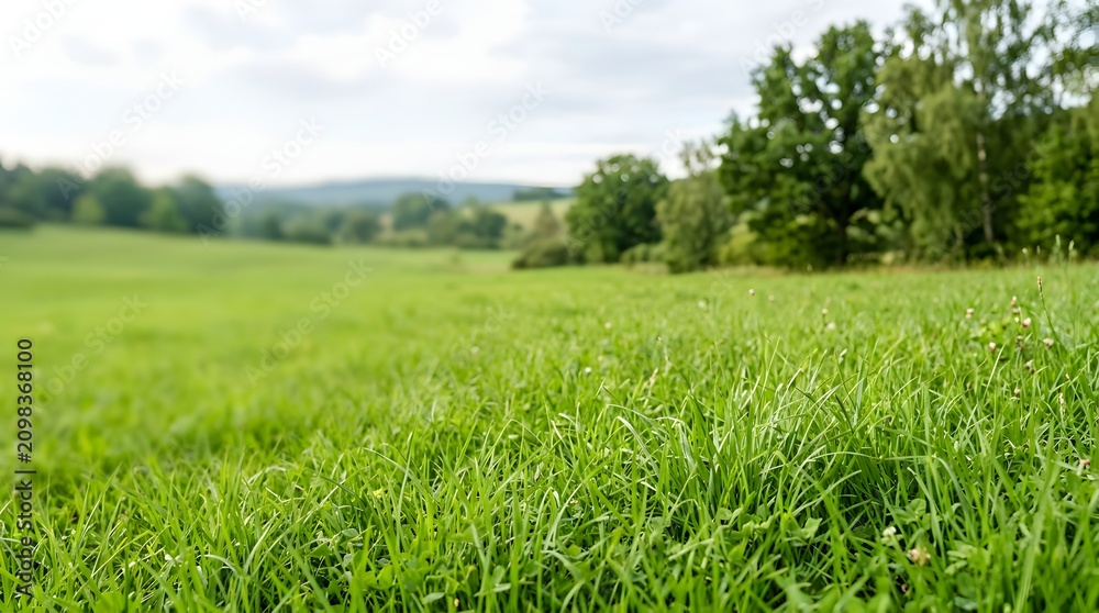 Fototapeta premium Lush Green Meadow Landscape Featuring Rolling Hills and Lush Deciduous Trees under a Soft Overcast Summer Sky
