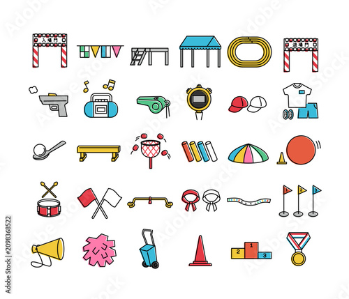かわいい運動会のアイコン30個セット （カラフル・ミニマル・版画風イラスト）