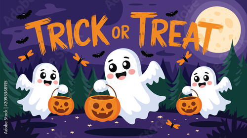 Smiling ghosts in white sheets holding pumpkin buckets trick or treat together under a spooky full moon