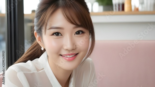 Portrait of an adorable young Asian woman smiling sweetly in a bright contemporary cafe