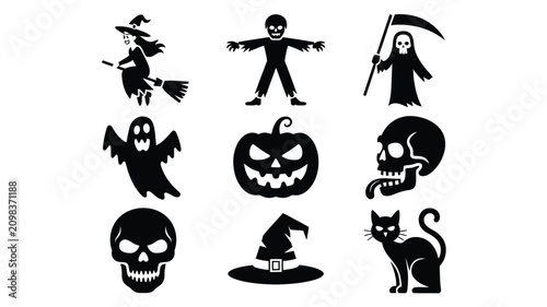 Spooky black Halloween icons featuring a witch, ghost, pumpkin, grim reaper, scarecrow, and skulls
