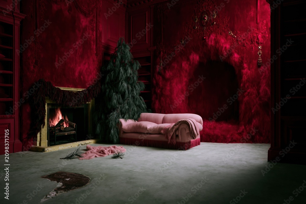 Obraz premium Dramatic crimson living room with a pink velvet sofa and glowing fireplace creates a moody festive atmosphere for Christmas and luxury home decor