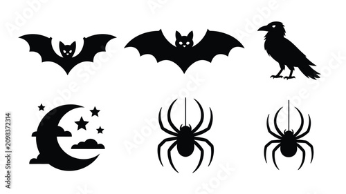 Spooky collection of Halloween elements featuring black silhouettes of bats, raven, spiders, and moon