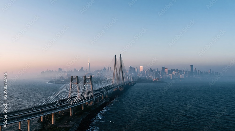 Obraz premium Modern cable stayed bridge spanning across the sea toward a misty city skyline, the atmospheric architectural structure for travel and infrastructure advertising