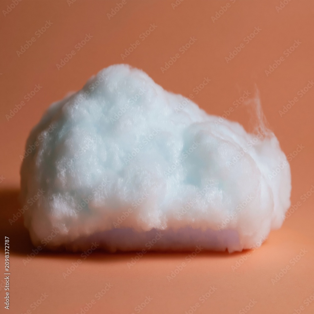 Fototapeta premium Puffy icy blue cloud with dense cottony vapor on a soft peach background, featuring a rounded crown and flat base for isolated design and overlay concepts