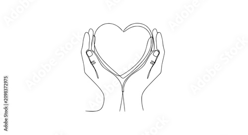 Hands holding a heart shape, continuous line drawing, white background