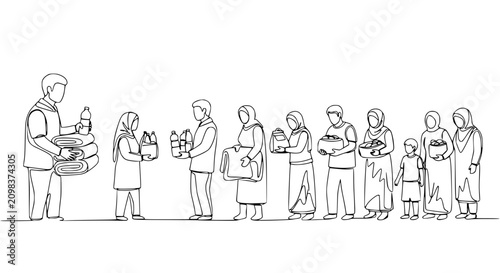 Foto Charity donation line: volunteers distribute essential supplies to needy people,