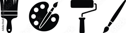 Fotografie Minimalist painting tools icon set, black silhouette art supplies including pain