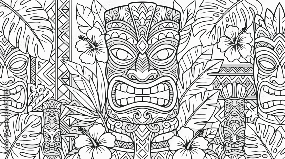 Naklejka premium Tiki vector pattern with tropical flowers and Polynesian masks