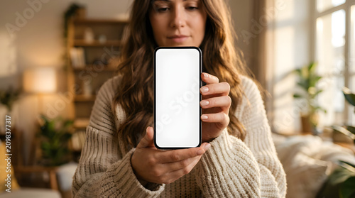 Woman Holding Smartphone with Blank Screen Mockup in Cozy Living Room