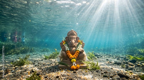 Lord Ganesha Idol Submerged Underwater with Sunbeams
