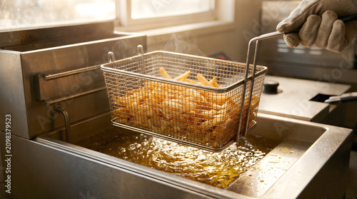 Gloved hand lifting golden crispy french fries from a deep fryer with hot oil. Freshly fried potato strips emerging from bubbling cooking oil in a...
