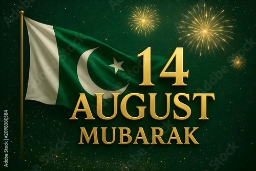 Premium patriotic background with large gold typography 14 August Mubarak, Pakistan flag flowing in the wind, sparkling glitter, emerald geometric patterns, fireworks illuminating the sky