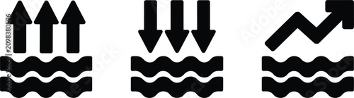 Foto Water level fluctuation solid black icon set featuring ocean waves with rising vertical arrows, falling indicator pointers, and upward economic growth trend line on white background