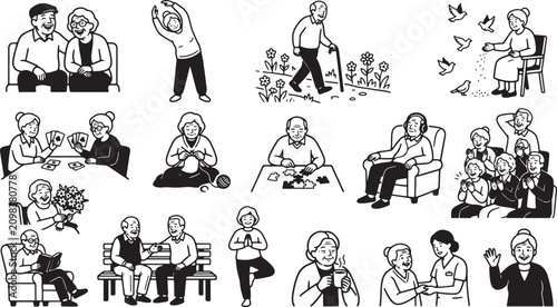 Active senior citizens enjoying different daily life activities