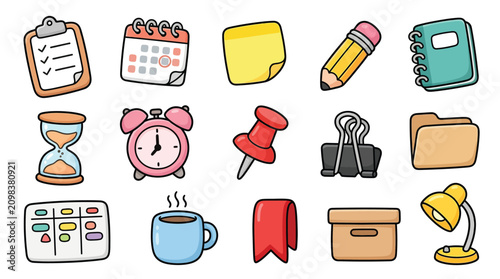 Foto Set of colorful hand drawn office and school supply doodle icons on white background