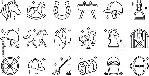 Tablou pe pânză Equestrian sports horse riding and ranch icon set with helmet horseshoe carousel
