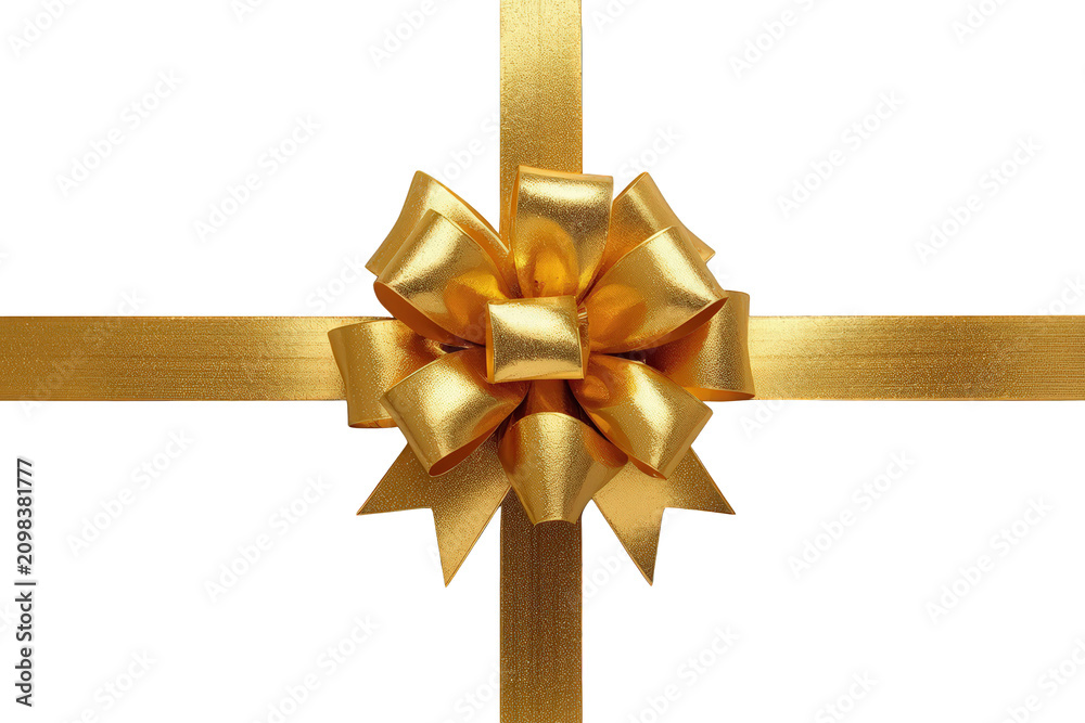 Fototapeta premium Golden bow wrapping a gift with shiny ribbon, symbolizing celebration, luxury, and festive holiday presents