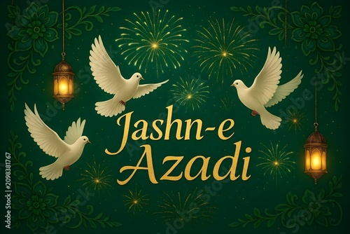 Festive Pakistan greeting background displaying elegant text Jashn-e-Azadi, white doves, fireworks, glowing lanterns, green floral decorations, luxurious emerald backdrop