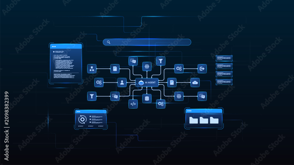 Fototapeta premium AI agent workflow automation process flow with search function, document, coding and automation system.