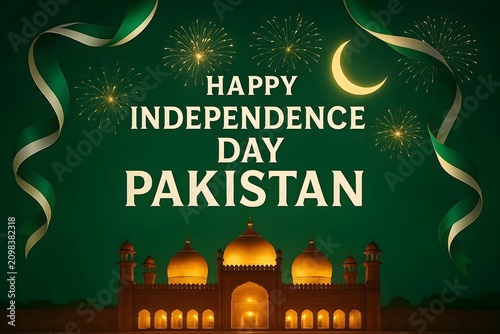 Grand Pakistan Independence Day greeting featuring text Happy Independence Day Pakistan, illuminated Badshahi Mosque silhouette, fireworks, crescent moon, green and white ribbons