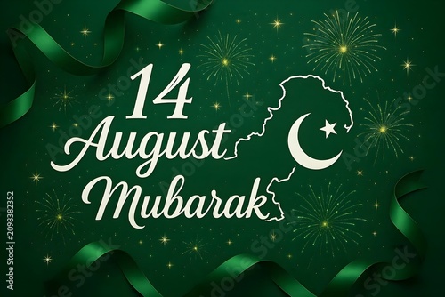 Creative Pakistan Independence Day poster featuring stylish text 14 August Mubarak, Pakistan map outline, green ribbons, fireworks, sparkling stars, premium patriotic celebration background