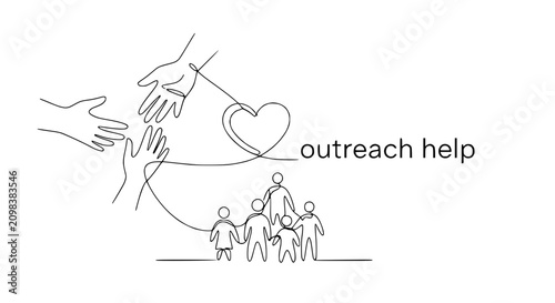 Quadro su tela Hands reaching out, heart, and diverse group of people in continuous line art st