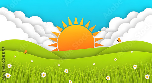 Cartoon style illustration of sunny landscape with clouds and flowers landscape illustration background colorful environment