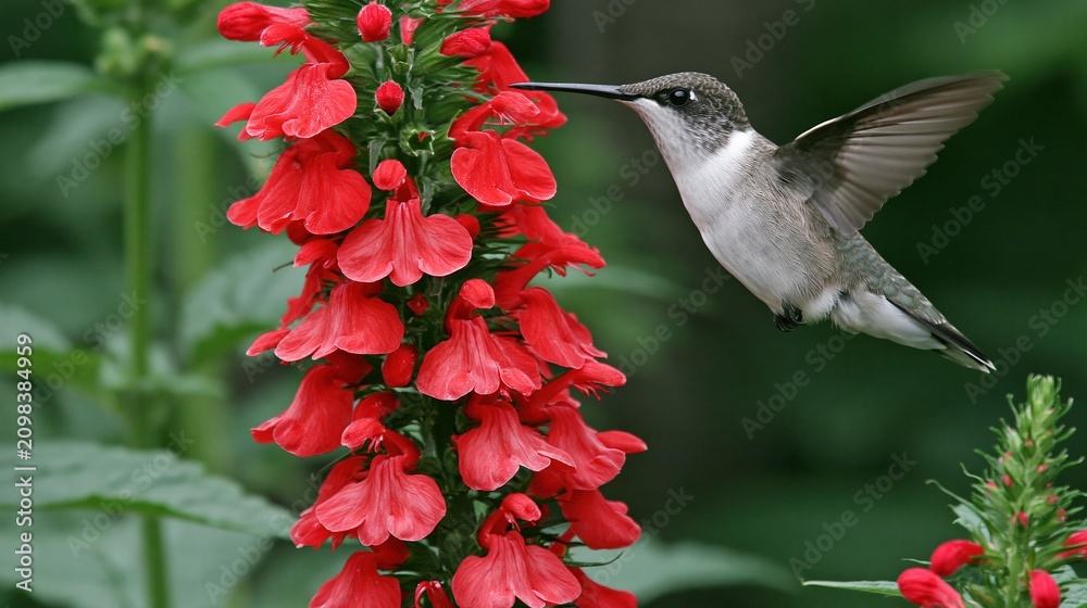 Fototapeta premium Tiny ruby throated hummingbird feeding on vibrant red cardinal flower blossoms in lush garden