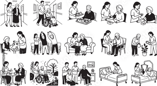 Caregivers and nurses supporting senior citizens in daily activities