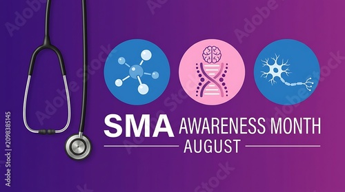 Stethoscope and science icons for SMA awareness month August on purple background with text.