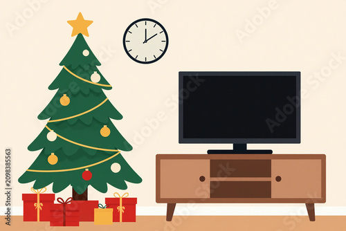 Cozy Living Room Scene with Decorated Christmas Tree and Modern Entertainment Unit