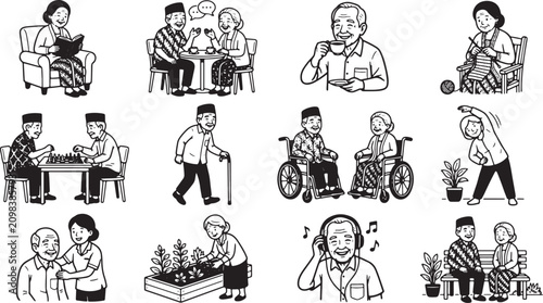 Senior citizens enjoying various hobbies and daily activities