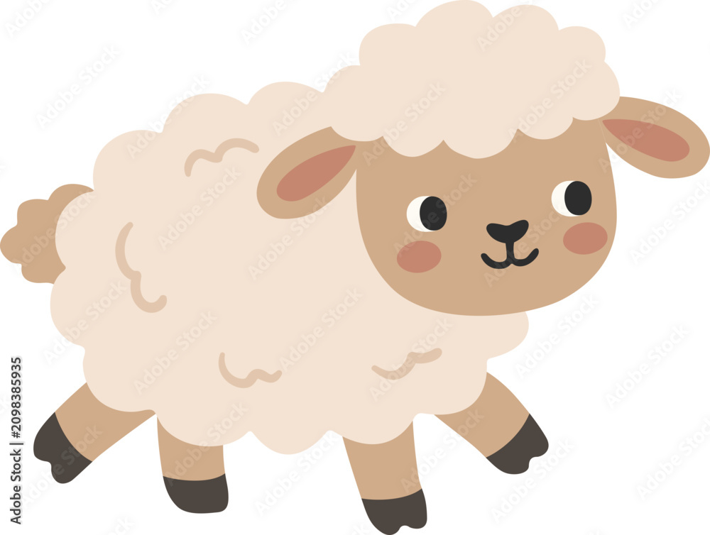 Fototapeta premium Cute Cartoon Sheep Running Illustration, Happy Smiling Baby Animal Character Walking with Fluffy Wool, Friendly Kawaii Farm Animal, Boho Minimalist Muted Pastel Nursery Sticker Element